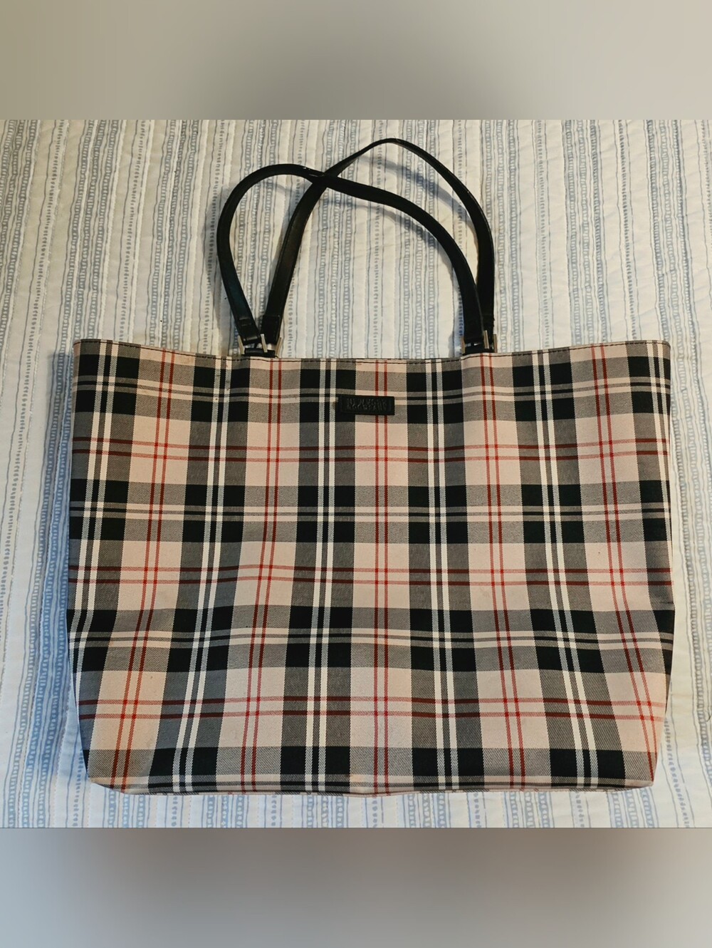 New York & Company Tartan Sryle Tote Handbag With Beige Black Red Stripes